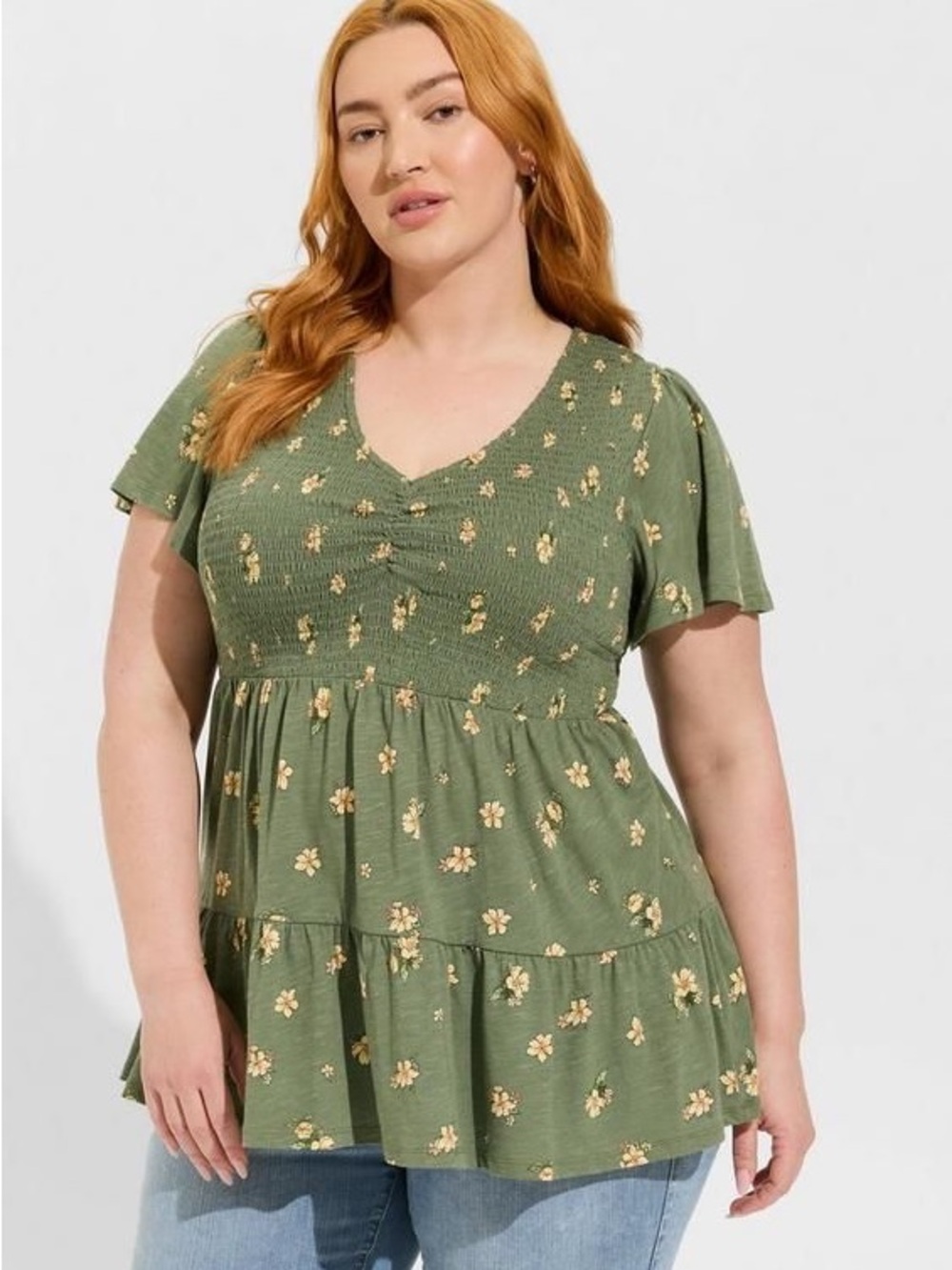 Torrid Floral Smocked Short Sleeve V Neck Babydoll Blouse Top Green & Yellow, 1X
